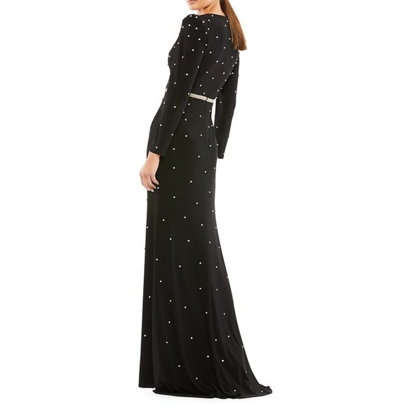 Mac Duggal Ieena Black Belted Embellished Plunge Long Sleeve Column Gown 8 - Picture 2 of 5